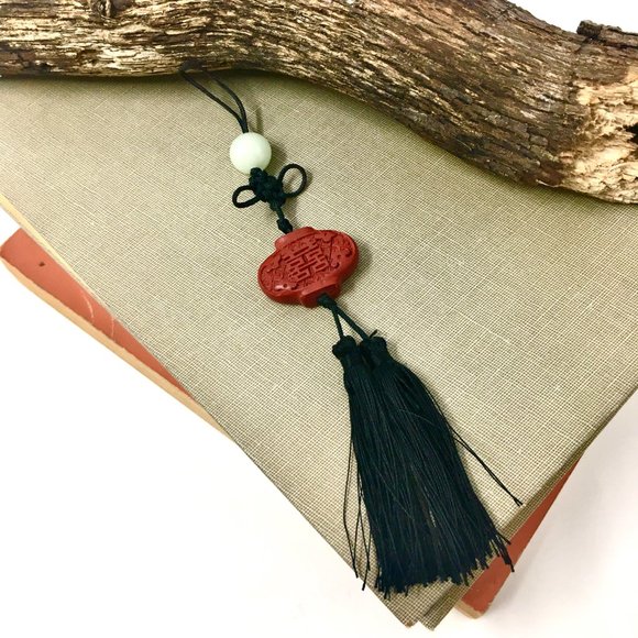 Mini Chinese Knot Red Cinnabar Bead Black Tassel Hanging Pendant Charm - Picture 2 of 16
